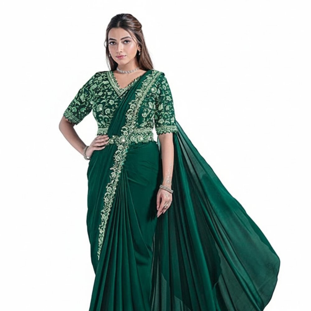 Elegant Women's Embroidered V-Neck Satin Silk Saree - Perfect Attire - Green